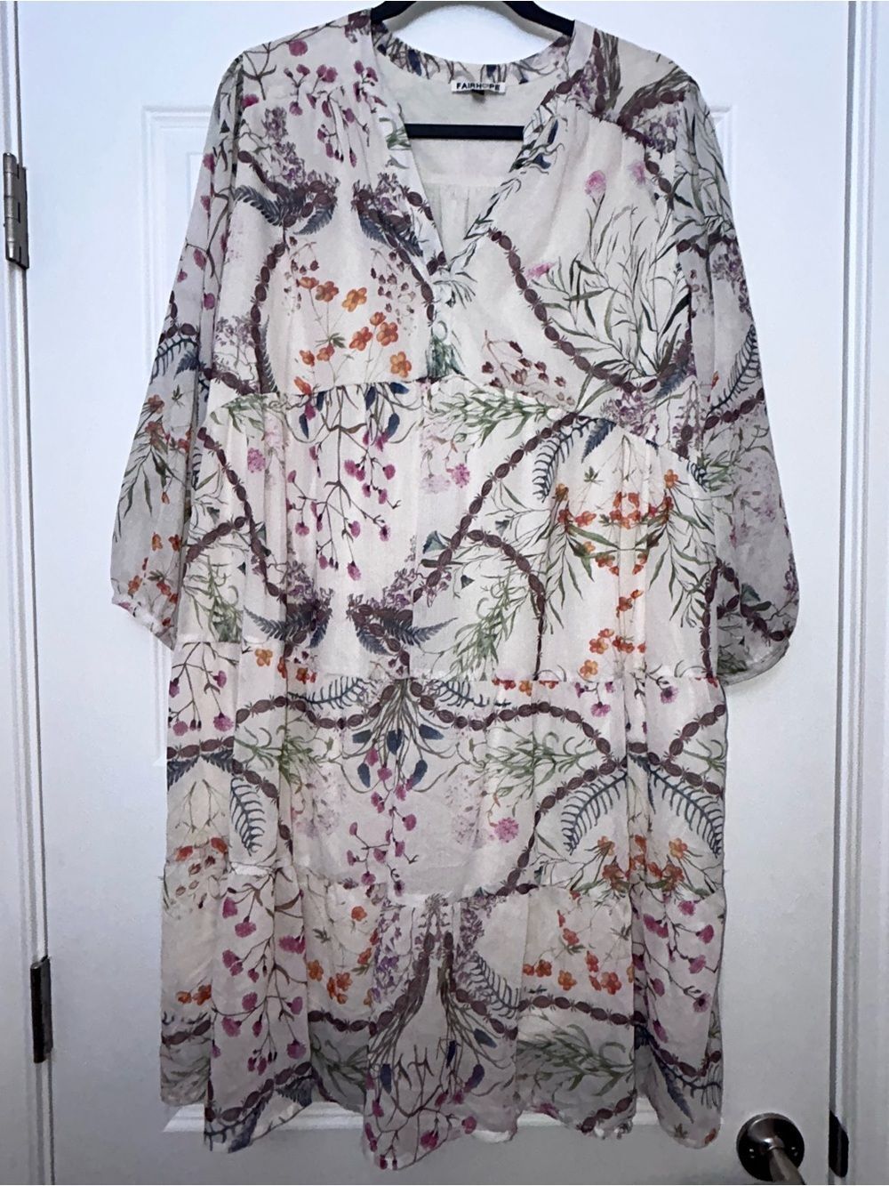 New, FAIRHOPE Floral Feather Print Ruffle Tier Tunic Cottage Long Sleeve Dress - Picture 5 of 12